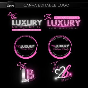 May include: A collection of pink and white logos on a black background. The logos feature the text "The Luxury Boutique Beauty" with various design elements, including a heart and sparkling effects. The text "Canva Editable Logo" is at the top.