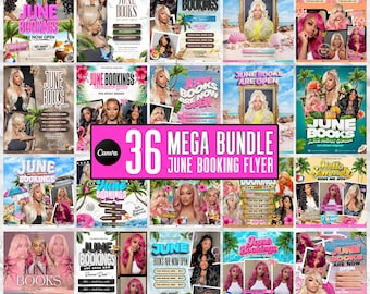 Folleto de reservas de junio Mega paquete, rebajas de verano, cabello, uñas, pestañas, maquillaje, pelucas, trenzas, folleto, reservas de junio abiertas, citas de junio, DIY Canva
