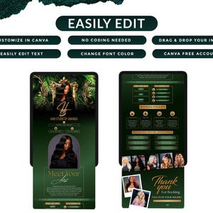 May include: A digital template for a hair studio, featuring a dark green background with gold accents. The design includes text that reads "Easily Edit" and "Customize in Canva." It also showcases images of hairstyles and the text "Hair Studio by Amanda."
