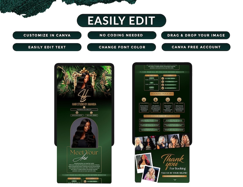 May include: A digital template for a hair studio, featuring a dark green background with gold accents. The design includes text that reads "Easily Edit" and "Customize in Canva." It also showcases images of hairstyles and the text "Hair Studio by Amanda."