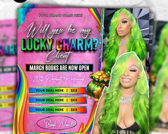 Folleto de reservas para marzo, Día de San Patricio, March Madness: reserva ahora, folleto de citas para peluquería, trenzas, uñas, pelucas y pestañas, plantilla de Canva.