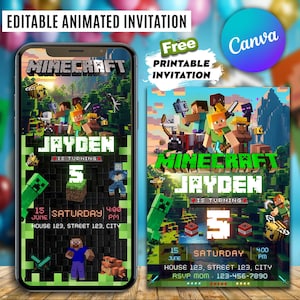 Convite de aniversário do Minecraft, convite de aniversário animado do Minecrafter, modelo editável do Canva, convite para crianças gamers, download digital