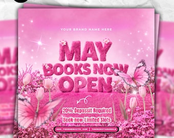 May Booking Flyer, Mother's Day Appointments, May Books Open, Nail, Lash, Wig, Braids, Makeup, Hair, DIY Canva Template, Digital Download