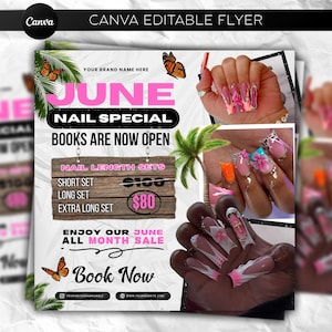 Op de afbeelding: Een promotieflyer voor een juni-nagelspecial, met de tekst "June Nail Special" in roze en zwart. Het toont afbeeldingen van gemanicuurde nagels met diverse ontwerpen. De flyer toont ook prijzen voor verschillende nagellengtes en de call to action "Book Now."