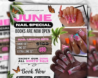 Folleto de reservas de junio, Folleto de manicura de verano, Folleto de estilistas de junio, Pestañas, Maquillaje, Pelucas, Trenzas, Reservas de junio abiertas, Citas de junio, DIY Canva