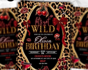 Invitación de cumpleaños con estampado de leopardo "Let's Go Wild", invitación de guepardo, despedida de soltera, cena de cumpleaños, coqueta con lazo negro, plantilla de Canva