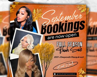 September Bookings Flyer, Fall Season Books Open Flyer, Braider, Wig, Nail Tech, Lash Tech, MUA, Hairstylist Flyer, DIY Canva Template