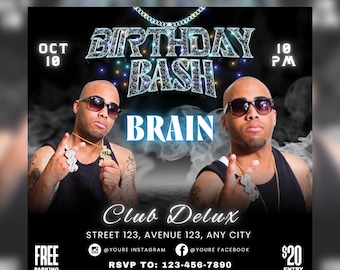 Men's Birthday Bash Flyer, Club Event Invitation (Canva Template)