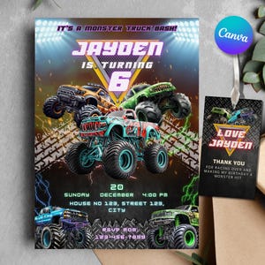 Monster Truck verjaardagsuitnodiging, Monster Jam verjaardagsfeestje, gratis bedankkaart, canvas sjabloon, vrachtwagen thema kinderfeest, Hot Wheels vrachtwagen