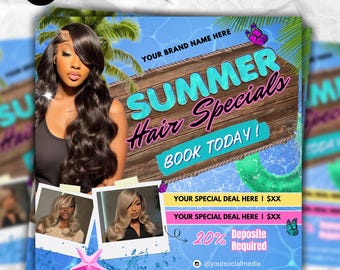 Plantilla de folleto de reservas para rebajas de verano, folleto de reservas de junio, cabello, trenzas, pelucas, uñas, pestañas, maquillaje, cita de junio, reservas de junio abiertas, Canva DIY