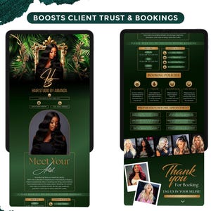 May include: Two dark green digital displays showcasing a hair studio's promotional content. The left display features a woman with long hair, the studio's name, and the text "Meet Your Artist." The right display highlights booking policies and client testimonials.