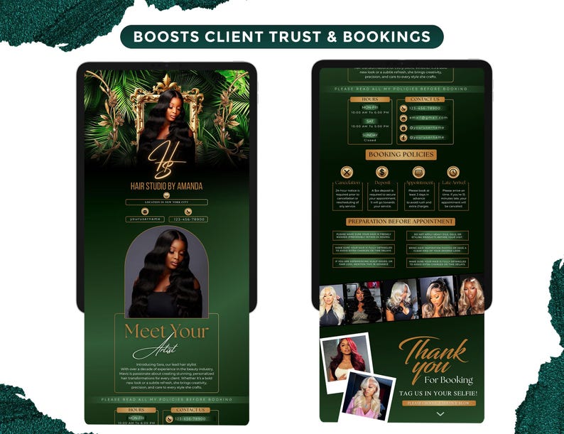 May include: Two dark green digital displays showcasing a hair studio's promotional content. The left display features a woman with long hair, the studio's name, and the text "Meet Your Artist." The right display highlights booking policies and client testimonials.