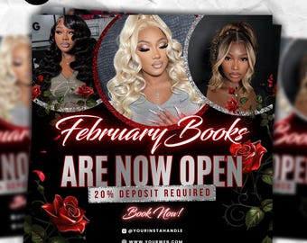 Valentine Day Bookings Flyer, February Book Now Flyer, Holiday Deals, Hairstylist, Makeup, Nail, Lash, Wig, Braids Flyer, DIY Canva Template