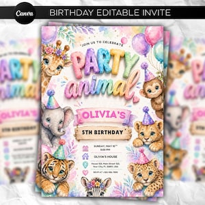 May include: A vibrant birthday invitation with the text "Party Animal" and "Olivia's 5th Birthday." The design features watercolor illustrations of various animals. The invitation includes event details such as the date, time, and location.