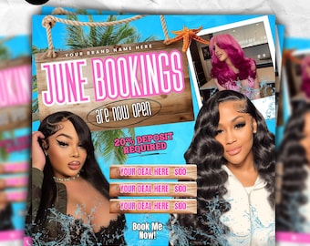 Folleto de reservas de junio, Folleto de verano, Folleto de peluquería de junio, Uñas, pestañas, Maquillaje, Pelucas, Trenzas, Reservas de junio abiertas, Citas de junio, DIY Canva