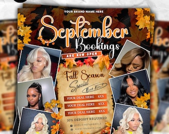 September Bookings Flyer, Fall Season Booking Flyer, September Book Now, Braid, Wig, Nail, Lash Tech Open Book, Autumn Hair Flyer, DIY Canva