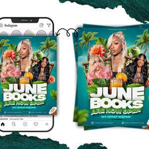 May include: An Instagram post and flyer with a tropical theme. The flyer features three women, tropical flowers, and the text "JUNE BOOKS ARE NOW OPEN 20% DEPOSIT REQUIRED". The background is teal with palm trees and coconuts.