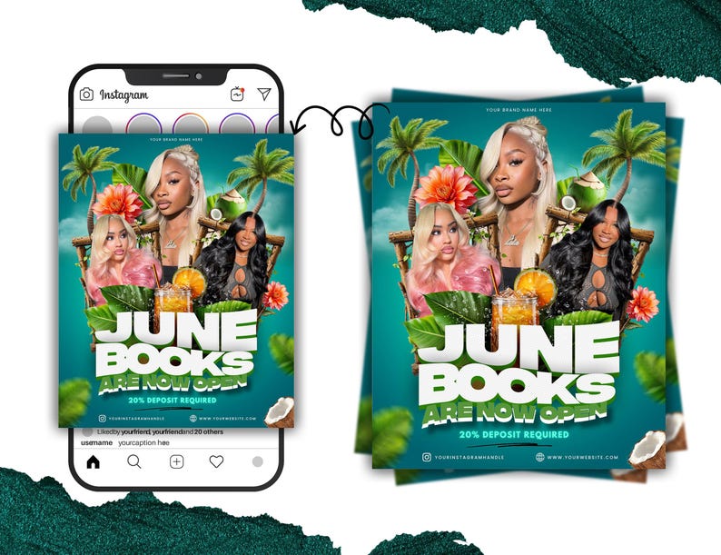 May include: An Instagram post and flyer with a tropical theme. The flyer features three women, tropical flowers, and the text "JUNE BOOKS ARE NOW OPEN 20% DEPOSIT REQUIRED". The background is teal with palm trees and coconuts.