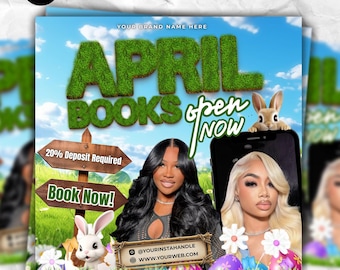 April Booking Flyer, Easter Books Open, Spring Hair, Nail, Lash, Makeup, Wig, Braids Flyer, Salon Appointment, Canva Template