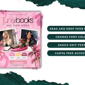 May include: Pink flyer advertising "June Books ARE NOW OPEN". The design features two photos of women, butterflies, palm trees, and price tags. The flyer also includes the text "DRAG AND DROP YOUR IMAGE", "CHANGE FONT COLOR", "EASILY EDIT TEXT", and "CANVA FREE ACCOUNT".