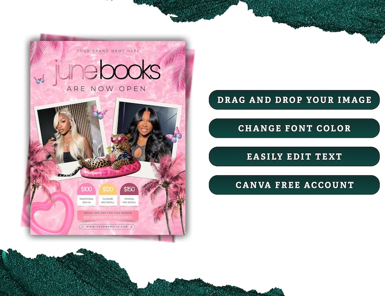 May include: Pink flyer advertising "June Books ARE NOW OPEN". The design features two photos of women, butterflies, palm trees, and price tags. The flyer also includes the text "DRAG AND DROP YOUR IMAGE", "CHANGE FONT COLOR", "EASILY EDIT TEXT", and "CANVA FREE ACCOUNT".