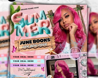 Folleto de reservas de junio, Folleto de verano, Folleto de peluquería de junio, Uñas, pestañas, Maquillaje, Pelucas, Trenzas, Reservas de junio abiertas, Citas de junio, DIY Canva