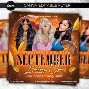 May include: A promotional flyer with three women, autumn leaves, and umbrellas. The text reads "SEPTEMBER Bookings Open" with "20% DEPOSIT REQUIRED" below. The flyer includes a website and social media handle.