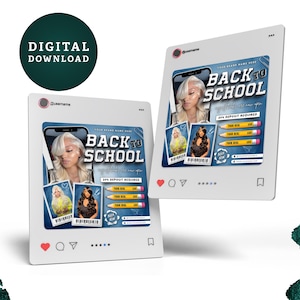 May include: Two social media post mockups with a "Back to School" theme. Each post features a photo of a woman with blonde hair, the text "Back to School", and a section for deals. A green circle with "Digital Download" is in the upper left.