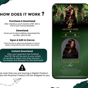 May include: A digital product advertisement on a smartphone screen. The design features a dark green background with gold accents and images of a woman with long, dark hair. Text includes "Hair Studio by Amanda" and instructions for purchase and download.