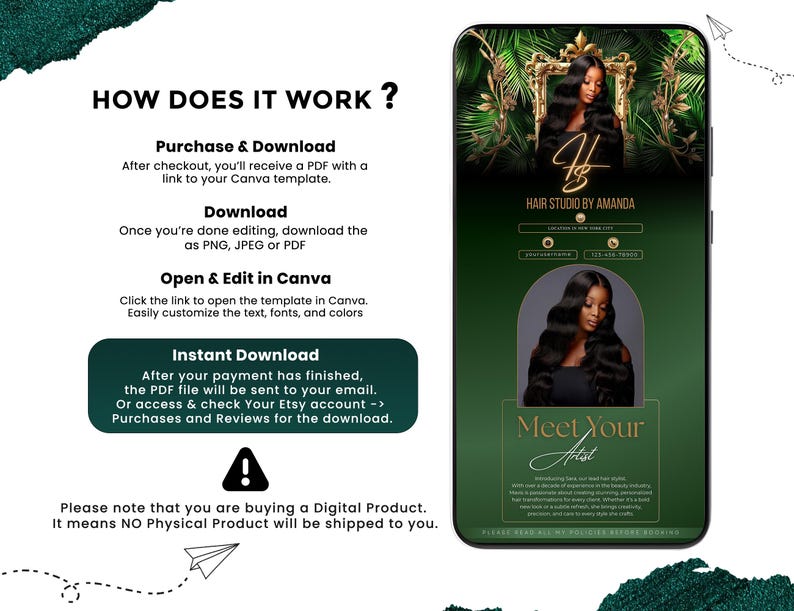 May include: A digital product advertisement on a smartphone screen. The design features a dark green background with gold accents and images of a woman with long, dark hair. Text includes "Hair Studio by Amanda" and instructions for purchase and download.