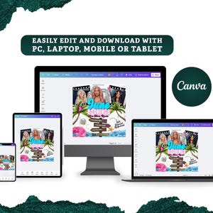 Puede incluir: Un gr&aacute;fico promocional para "June Bookings" que se muestra en varios dispositivos, incluyendo un monitor de ordenador, una tableta, un port&aacute;til y un smartphone. El dise&ntilde;o presenta im&aacute;genes de mujeres, palmeras y el logotipo de Canva. El texto incluye "EASILY EDIT AND DOWNLOAD WITH PC, LAPTOP, MOBILE OR TABLET."
