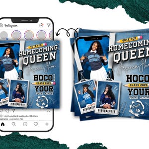以下が含まれることがあります： 女性の写真、テキスト「HOMECOMING QUEEN Jessica Jhon HOCO CLASS 2025 YOUR VOICE CHOICE Sept 15」、およびモックInstagram投稿が特徴の、青と白のホームカミングクイーンキャンペーンフライヤー。