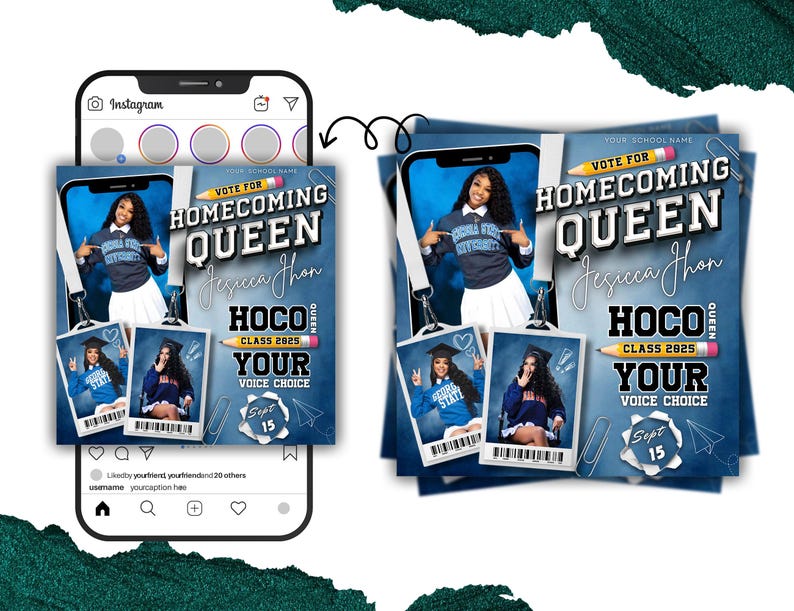 以下が含まれることがあります： 女性の写真、テキスト「HOMECOMING QUEEN Jessica Jhon HOCO CLASS 2025 YOUR VOICE CHOICE Sept 15」、およびモックInstagram投稿が特徴の、青と白のホームカミングクイーンキャンペーンフライヤー。