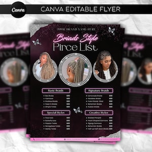 Puede incluir: Un folleto con un fondo degradado negro y rosa, que presenta una lista de precios para varios estilos de trenzas. El folleto incluye imágenes de diferentes estilos de trenzas, con categorías como Trenzas Básicas, Trenzas de Firma, Estilos Especiales y Estilos Creativos. El texto "Briads Style Pirce List" se muestra de forma destacada.