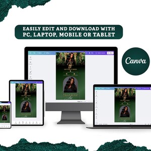 May include: A digital design displayed on various devices, including a desktop monitor, laptop, tablet, and smartphone. The design features a woman's portrait with text that reads "Meet Your". The Canva logo is visible.