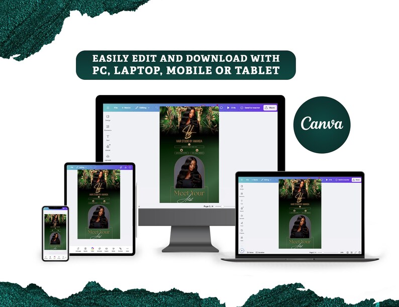 May include: A digital design displayed on various devices, including a desktop monitor, laptop, tablet, and smartphone. The design features a woman's portrait with text that reads "Meet Your". The Canva logo is visible.