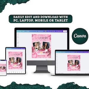 May include: A promotional graphic for "Junebooks" displayed on multiple devices: a desktop monitor, laptop, tablet, and smartphone. The design uses a pink and white colour scheme with the text "ARE NOW OPEN" and the Canva logo.