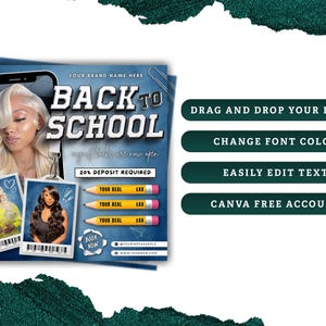May include: A promotional graphic with a blue and white theme, advertising "Back to School." It features a photo of a woman with blonde hair, two smaller photos, and text including "20% Deposit Required." The design includes pencil graphics.