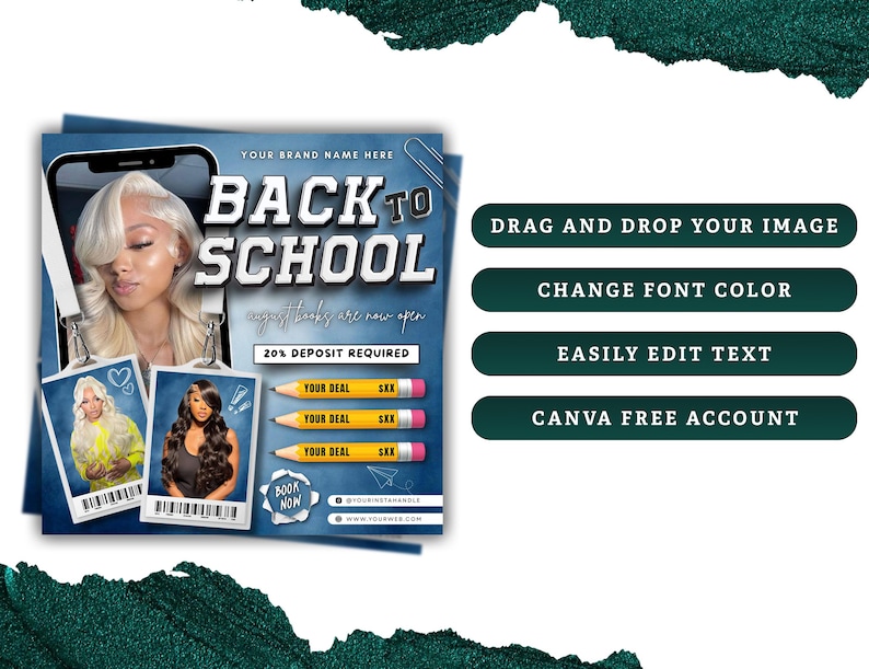 May include: A promotional graphic with a blue and white theme, advertising "Back to School." It features a photo of a woman with blonde hair, two smaller photos, and text including "20% Deposit Required." The design includes pencil graphics.