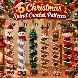 Könnte beinhalten: Sechs weihnachtliche Spiral-Häkelmuster als hängende Ornamente: ein Weihnachtsmann, ein Schneemann, ein Tannenbaum, ein Rentier, ein Lebkuchenmann und ein Elf. Jede Figur hat einen langen, spiralförmigen Körper mit festlichen Farben und Details.
