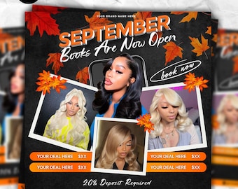 September Bookings Flyer, Autum Hair Flyer, Fall Season Booking Flyer, September Book Now, Braids, Wig, Nail, Lash Tech Open Book, DIY Canva