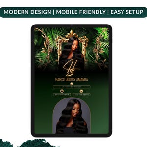 May include: A digital advertisement for a hair studio, displayed on a tablet. The design features a woman with long, dark hair, a gold frame, and green foliage. Text includes "Hair Studio by Amanda" and contact information. The top banner reads "MODERN DESIGN | MOBILE FRIENDLY | EASY SETUP."