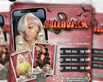 May include: A Halloween-themed flyer with a red background. The flyer features the word "Halloween" in orange 3D lettering, images of women, and skeleton graphics. Text includes "October Books Are Now Open" and "20% Deposit Required."
