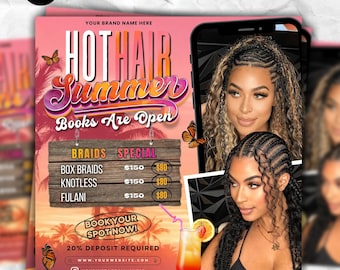 Folleto de reservas de junio, Folleto de verano, Folleto de peluquería de junio, Uñas, pestañas, Maquillaje, Pelucas, Trenzas, Reservas de junio abiertas, Citas de junio, DIY Canva