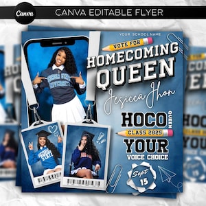 Könnte beinhalten: Blau-weißer Flyer mit dem Text „Vote for Homecoming Queen“ und „Jesicca Jhon“. Der Flyer enthält Bilder einer Frau und den Text „HOCO Class 2025“ und „Your Voice Choice“. Das Datum „15. September“ ist ebenfalls enthalten.