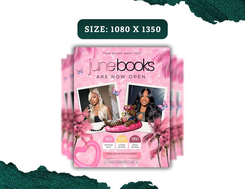 May include: Pink promotional flyer with the text "June Books Are Now Open." The flyer features two photos of women, palm trees, butterflies, and a heart-shaped design. The flyer also includes pricing information.