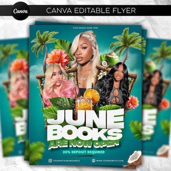 June Booking Flyer, Summer Flyer, June Hair Stylish Flyer, Nails Lashes, Makeup, Wig, Braids, June Books Open, June Appointments, DIY Canva