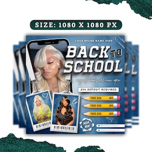 May include: A promotional graphic with the text "BACK TO SCHOOL" in white letters on a blue background. The image includes a photo of a woman with blonde hair, and two smaller photos of women. The graphic also includes the text "20% DEPOSIT REQUIRED".