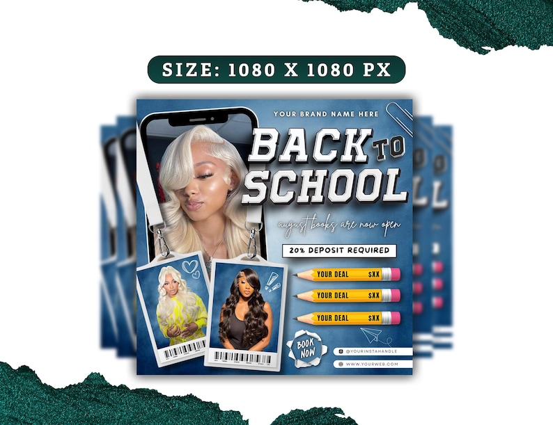 May include: A promotional graphic with the text "BACK TO SCHOOL" in white letters on a blue background. The image includes a photo of a woman with blonde hair, and two smaller photos of women. The graphic also includes the text "20% DEPOSIT REQUIRED".