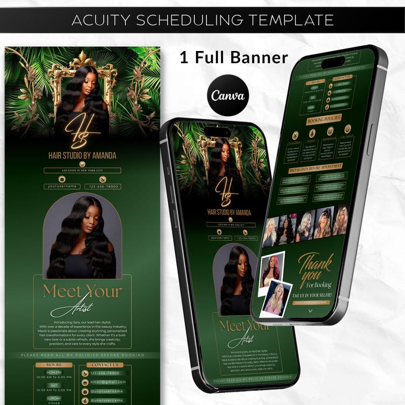 May include: A digital template for a hair studio, displayed on three smartphones. The design features a dark green background with gold accents, images of a woman with long, wavy hair, and the text "HAIR STUDIO BY AMANDA". The template includes booking information.